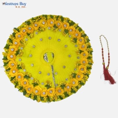 Yellow Krishna Dress – 12 Inch Diameter | Handcrafted Laddu Gopal Poshak for Festivals and Puja (with Mala)