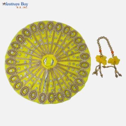 Yellow Krishna Dress – 12 Inch Diameter | Handcrafted Laddu Gopal Poshak for Festivals and Puja (with Stone Work & Mala)