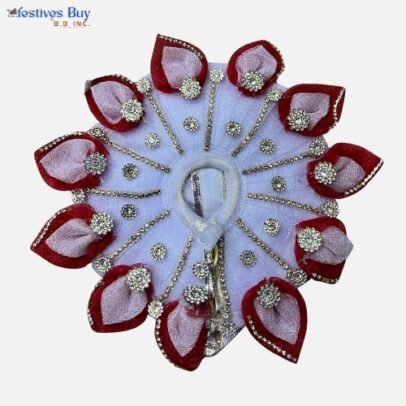 White & Red Krishna Dress – 6 Inch Diameter | Elegant Laddu Gopal Poshak with Petal Design and Stone Embellishments for Festivals & Puja