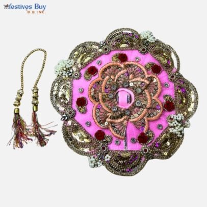 Pink Floral Krishna Dress – 10 Inch Diameter | Heavy Embroidered Laddu Gopal Poshak with Pearls, Sequin & Gota Work for Janmashtami & Festivals