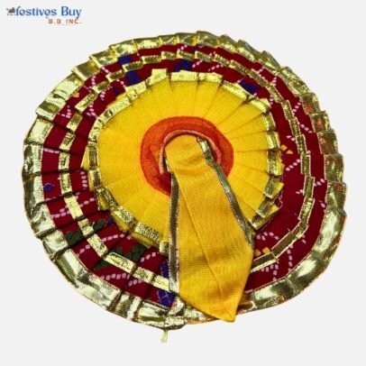 Yellow & Red Krishna Dress – 8 Inch Diameter | Traditional Laddu Gopal Poshak with Golden Gota Lace for Puja, Janmashtami & Daily Darshan