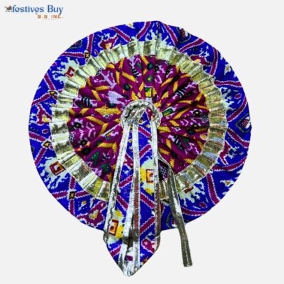 Blue & Pink Bandhani Krishna Dress – 8 Inch Diameter | Laddu Gopal Poshak with Silver Gota Border for Janmashtami & Daily Puja