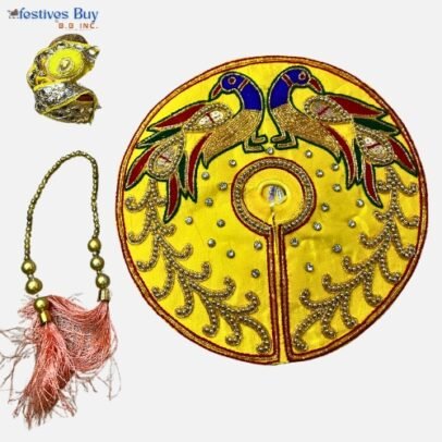 Golden Yellow Peacock Dress Set for Laddu Gopal – 8 Inch Diameter| Krishna Poshak with Mukut & Mala