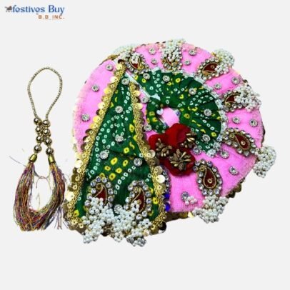 Royal Pink & Green Dupatta-Style Laddu Gopal Dress – 8 Inch Diameter | Heavy Work Krishna Poshak with Mala