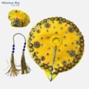 Golden Yellow Embellished Laddu Gopal Dress – 8 Inch Diameter | Velvet Poshak Set with Mala & Pagdi