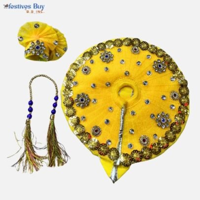 Golden Yellow Embellished Laddu Gopal Dress – 8 Inch Diameter | Velvet Poshak Set with Mala & Pagdi