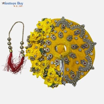 Golden Yellow Embellished Laddu Gopal Dress – 8 Inch Diameter | Velvet Poshak Set with Floral Stones & Mala