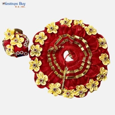 Red & Yellow Floral Laddu Gopal Dress – 8 Inch Diameter | Velvet Poshak Set with Golden Lace & Pagdi