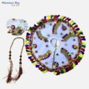 White Multicolor Embellished Laddu Gopal Dress – 8 Inch Diameter | Velvet Poshak Set with Pagdi & Beaded Mala