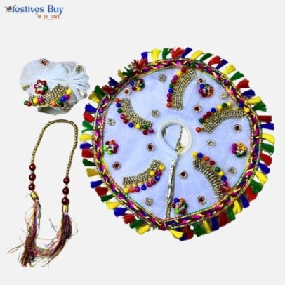 White Multicolor Embellished Laddu Gopal Dress – 8 Inch Diameter | Velvet Poshak Set with Pagdi & Beaded Mala