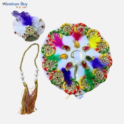 White Multicolor Feather Laddu Gopal Dress – 8 Inch Diameter | Velvet Poshak Set with Pagdi & Beaded Mala