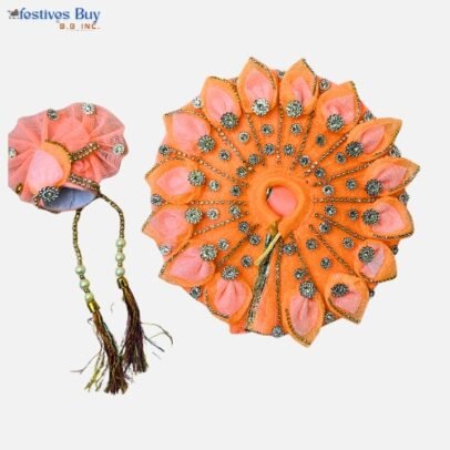 Peach Orange Petal-Style Laddu Gopal Dress – 8 Inch Diameter | Net & Velvet Poshak Set with Pagdi & Mala