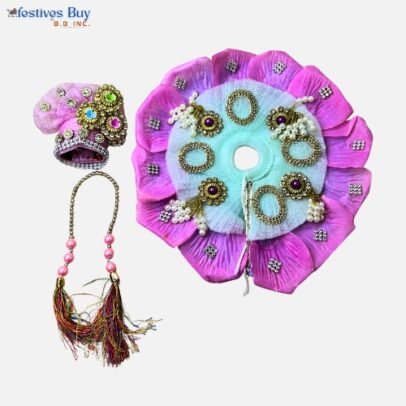 Light Blue & Pink Pearl Embellished Laddu Gopal Dress – 8 Inch Diameter | Velvet Poshak Set with Mukut & Mala