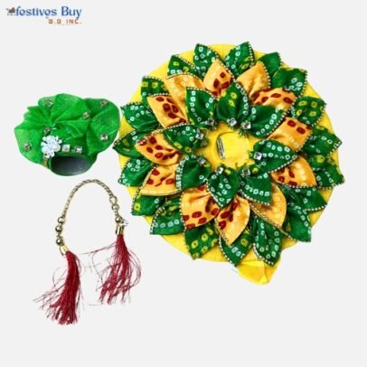 Green & Yellow Petal-Style Laddu Gopal Dress – 8 Inch Diameter | Festive Poshak Set with Pagdi & Beaded Mala