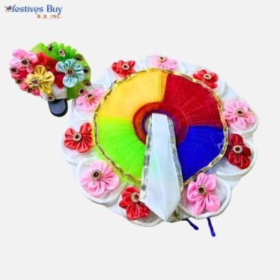 Multicolor Rainbow Laddu Gopal Dress – 8 Inch Diameter | Vibrant Velvet Poshak Set with Pagdi & Floral Accents
