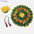 Yellow-Green Leaf Design Laddu Gopal Dress – 10 Inch Diameter | Satin Poshak Set with Pagdi & Mala