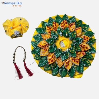 Yellow-Green Leaf Design Laddu Gopal Dress – 10 Inch Diameter | Satin Poshak Set with Pagdi & Mala