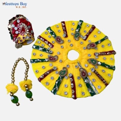 Yellow Multicolor Embellished Laddu Gopal Dress – 10 Inch Diameter | Traditional Poshak with Pagdi & Accessories