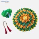 Green & Yellow Designer Laddu Gopal Dress – 12 Inch Diameter | Leaf Style Velvet Poshak Set with Pagdi & Mala