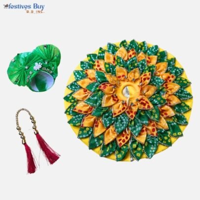 Green & Yellow Designer Laddu Gopal Dress – 12 Inch Diameter | Leaf Style Velvet Poshak Set with Pagdi & Mala