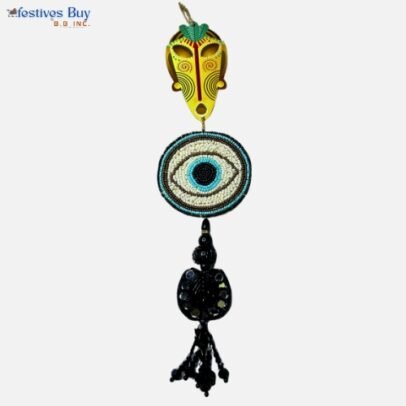 Handmade Yellow Tribal Mask Evil Eye Wall Hanging – Nazar Protection Home Decor & Office – 12 Inch