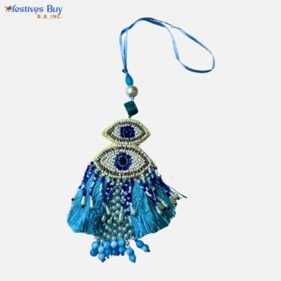 Double Evil Eye Beaded Wall Hanging – Blue Nazar Protection Decor for Home & Office – 12 Inch