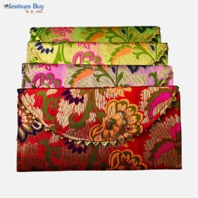 Brocade Floral Shagun Envelope Set – Red, Pink, Green & Gold | Traditional Wedding & Festive Money Envelopes (Set of 4)