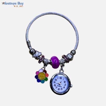 Smiley Flower Charm Stainless Steel Bracelet with Watch Dial – Fashionable Gift for Kids & Girls