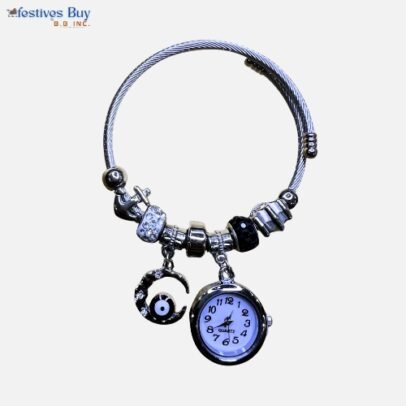 Evil Eye Black Charm Bracelet with Watch – Stylish Protection Meets Time