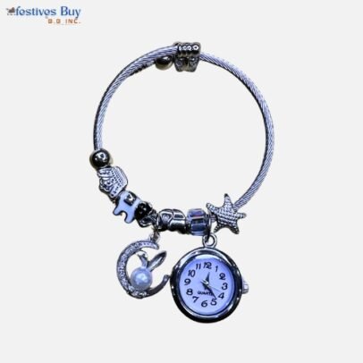 Silver Charm Bracelet with Watch – Timeless Elegance for All Occasions