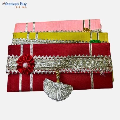 Premium Zari Embellished Shagun Envelope Set – Red, Yellow & Pink | Decorative Tassel Envelopes for Wedding & Festive Gifting (Set of 3)