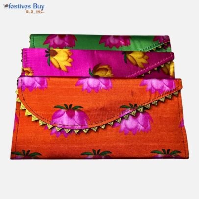 Satin Lotus Print Shagun Envelope Set – Orange, Pink & Green | Vibrant Floral Envelopes for Wedding & Festive Gifting (Set of 3)