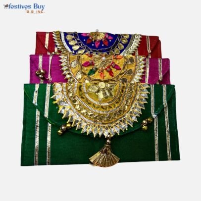 Royal Gota & Kundan Embroidered Shagun Envelope Set – Green, Maroon & Magenta | Temple-Inspired Wedding & Pooja Gifting Covers (Set of 3)
