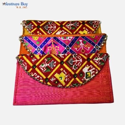 Kutchi Mirror Work Shagun Envelope Set – Pink, Orange & Yellow | Vibrant Boho Ethnic Envelopes for Wedding & Festive Gifting (Set of 3)