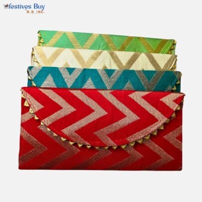 Modern Foil Zig-Zag Shagun Envelope Set – Red, Blue, Cream & Green | Contemporary Festival & Wedding Gifting Covers (Set of 4)