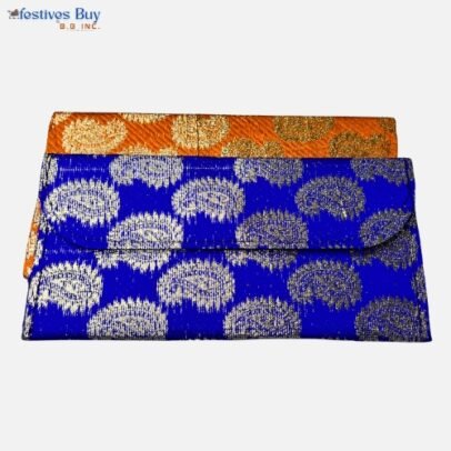 Banarasi Brocade Shagun Envelope Set – Royal Blue & Orange | Traditional Gold Woven Wedding & Festive Gifting Covers (Set of 2)