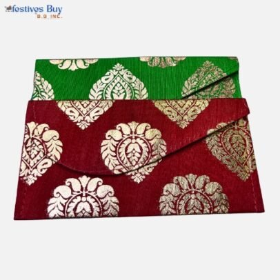 Regal Brocade Shagun Envelope Set – Red & Green | Traditional Gold Motif Gifting Covers for Weddings & Festivals (Set of 2)