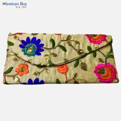 Floral Embroidered Shagun Envelope – Multicolor Flowers on Cream Base | Ethnic Handmade Gifting Clutch for Weddings & Pooja