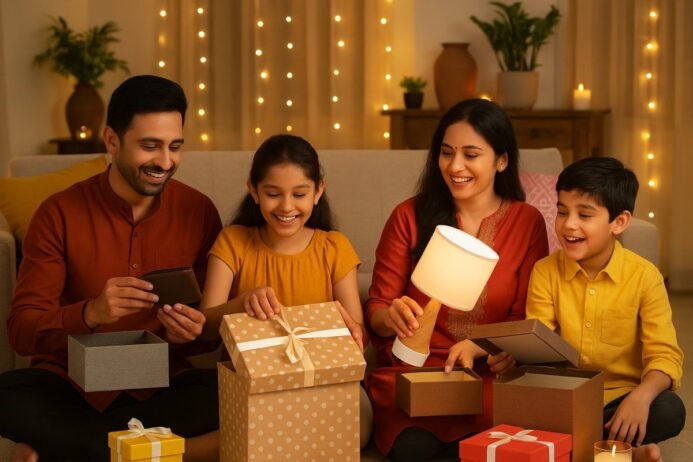 Indian family enjoying unboxing Festives Buy gifts and décor.